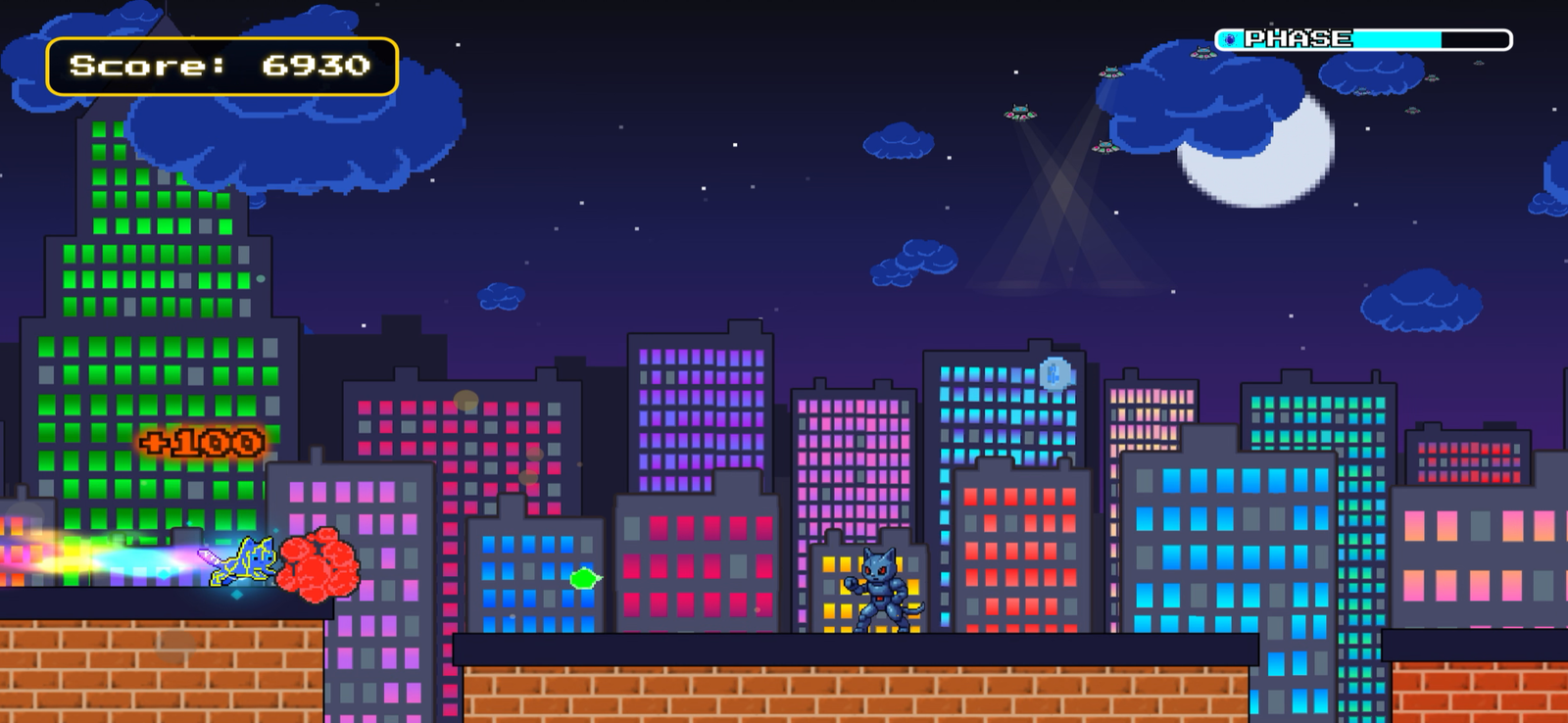 Pouncy Paws gameplay - Zeus jumping across rooftops at sunset