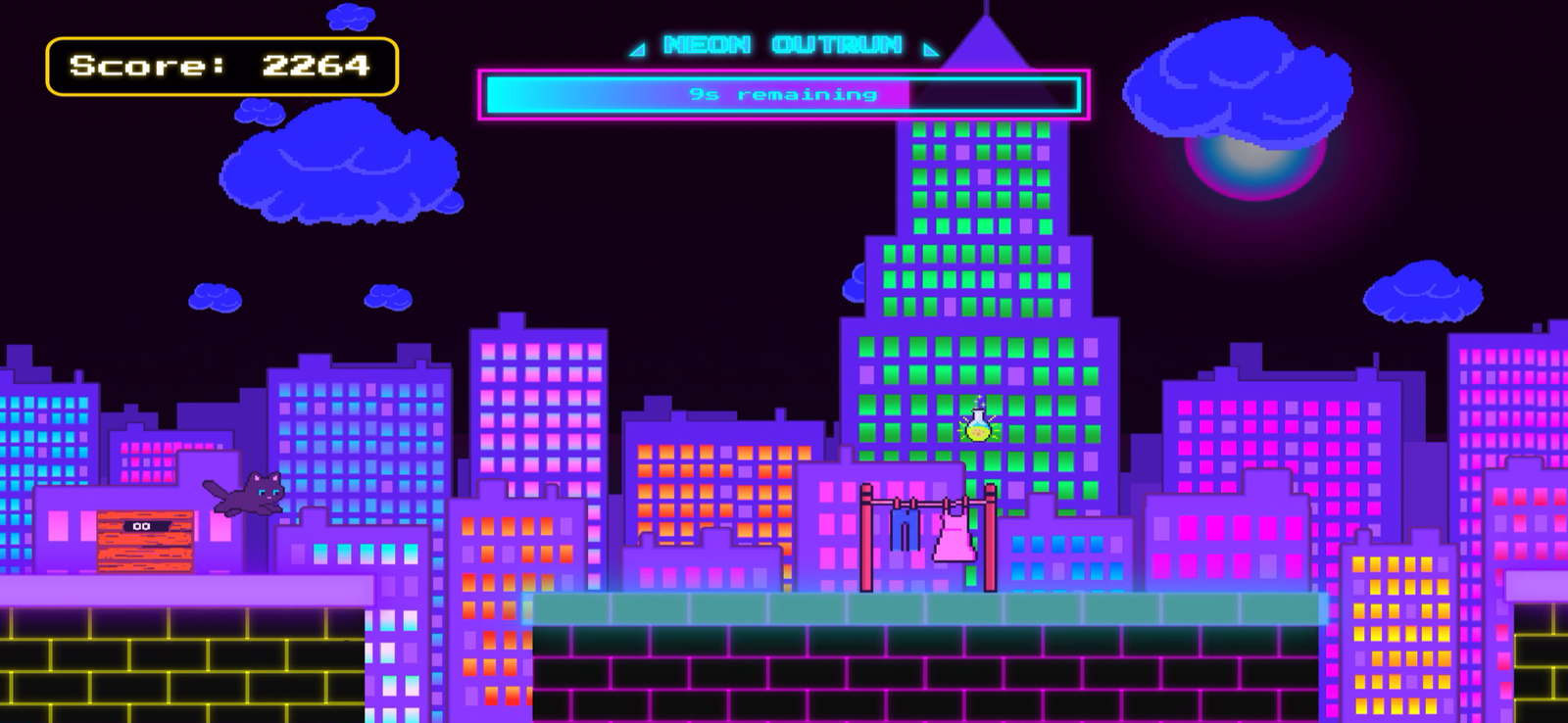 Pouncy Paws gameplay - neon outrun late-game rooftops